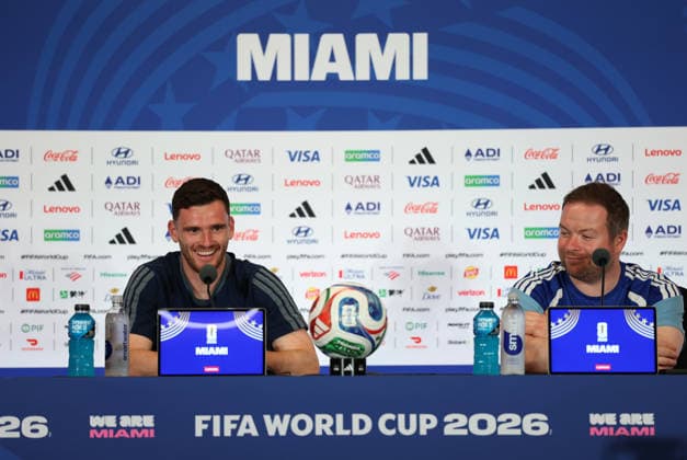 (260624) -- MIAMI, June 24, 2026 -- Andrew Robertson (L) of Scotland attends a press conference, PK, Pressekonferenz at the FIFA World Cup, WM, Weltmeisterschaft, Fussball 2026 at Miami Stadium, Miami, the United States, June 23, 2026. ) (SP)U.S.-MIAMI-FOOTBALL-FIFA WORLD CUP-PRESS CONFERENCE-SCOTLAND ZhangxChen 