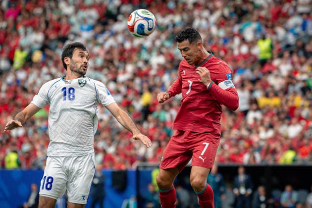 June 23, 2026: Portugal forward CRISTIANO RONALDO (7) heads the ball during the FIFA World Cup, WM, Weltmeisterschaft, Fussball 2026 Group K soccer game between Portugal and Uzbekistan at the Houston Stadium in Houston, TX, Tuesday, June 23, 2026. Portugal wins 5:0. - ZUMAp213 20260623_znp_p213_070 Copyright: xLynnxPenningtonx