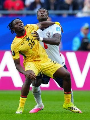 Marc Guehi of England grapples with Prince Adu of Ghana England v Ghana, 2026 FIFA World Cup, WM, Weltmeisterschaft, Fussball Group L, Football, Boston Stadium, Foxborough, Massachusetts, USA - 23 Jun 2026Foxborough Boston Stadium Massachusetts (MA) United States of America EDITORIAL USE ONLY No use with unauthorised audio, video, data, fixture lists, club league logos or live services. Online in-match use limited to 120 images, no video emulation. No use in betting, games or single club league player publications.  Copyright: xJavierxGarcia Shutterstockx 16956021fe