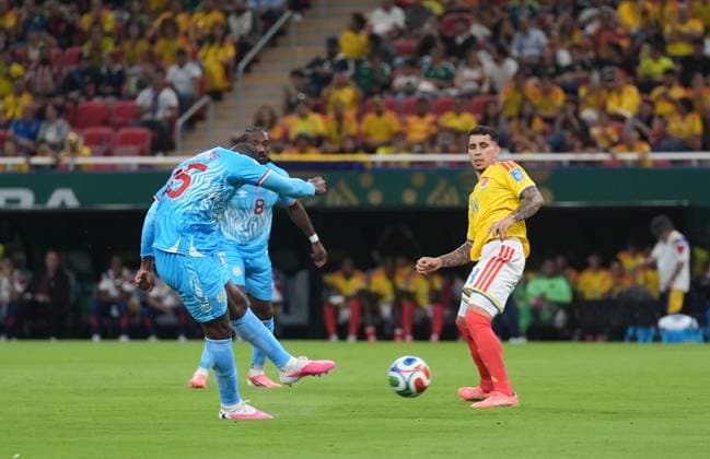 Colombia v DR Congo - FIFA World Cup, WM, Weltmeisterschaft, Fussball 2026 - Group K ZAPOPAN, MEXICO - JUNE 23: Edo Kayembe (3) of DR Congo in action during the 2026 FIFA World Cup First Stage Group K match between Colombia and DR Congo at Estadio Akron (Guadalajara Stadium) in Zapopan, Guadalajara, Mexico on June 23, 2026. Juancho Torres Anadolu Jalisco Mexico. Editorial use only. Please get in touch for any other usage.  Copyright: x2026xAnadoluxJuanchoxTorresx