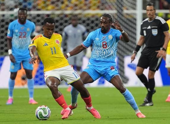 Colombia v DR Congo - FIFA World Cup, WM, Weltmeisterschaft, Fussball 2026 - Group K ZAPOPAN, MEXICO - JUNE 23: Jhon Arias (11) of Colombia in action against Samuel Moutoussamy (8) of DR Congo during the 2026 FIFA World Cup First Stage Group K match between Colombia and DR Congo at Estadio Akron (Guadalajara Stadium) in Zapopan, Guadalajara, Mexico on June 23, 2026. Juancho Torres Anadolu Jalisco Mexico. Editorial use only. Please get in touch for any other usage.  Copyright: x2026xAnadoluxJuanchoxTorresx