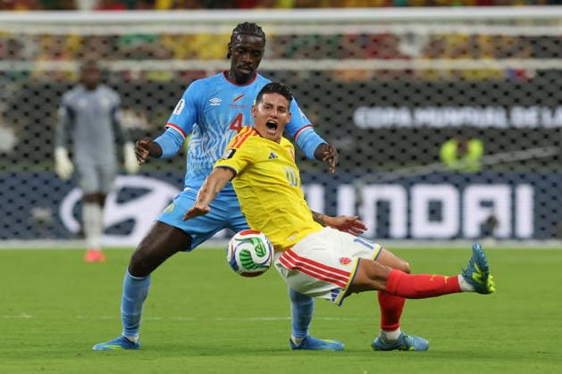 FIFA World Cup, WM, Weltmeisterschaft, Fussball 2026 - Group K - Colombia vs DR Congo James Rodriguez (R) of Colombia vies for the ball with Axel Tuanzebe of DR Congo during the FIFA World Cup 2026 Group K match Colombia against DR Congo in Guadalajara, Mexico, 23 June 2026. GUADALAJARA Mexico  Copyright: xALEXxCRUZx