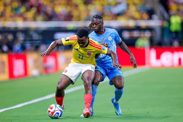 FIFA World Cup, WM, Weltmeisterschaft, Fussball 2026 COLOMBIA VS RD CONGO FIFA WORLD CUP 2026 COLOMBIA VS RD CONGO COLOMBIA VS RD CONGO 23062026 GUADALAJARA, JALISCO. Action photo of Jhon Arias (No. 11) of Colombia and Aaron Wan Bissau (No. 2) of Congo, during Group K game of the FIFA World Cup 2026, held at the Estadio Guadalajara at Guadalajara, Jalisco. Foto de accion de Jhon Arias (No. 11) de Colombia y Aaron Wan Bissau (No. 2) de Congo,, durante juego del Grupo K de la Copa del Mundo 2026 de la FIFA, celebrado en el Estadio Guadalajara en Guadalajara, Jalisco. PHOTO BY IMAGENSHOP AGENCIA FOTOGRAFICA GUADALAJARA JALISCO MEXICO *** FIFA WORLD CUP 2026 COLOMBIA VS. DR CONGO FIFA WORLD CUP 2026 COLOMBIA VS. DR CONGO COLOMBIA VS. DR CONGO 06 23 2026 GUADALAJARA, JALISCO Action photo of Jhon Arias (No. 11) of Colombia and Aaron Wan Bissau (No. 2) of the DR Congo during a Group K match of the 2026 FIFA World Cup, held at the Estadio Guadalajara in Guadalajara, Jalisco Action photo of Jhon Arias (No. 11) of Colombia and Aaron Wan Bissau (No. 2) of the DR Congo, during a Group K match of the 2026 FIFA World Cup, held at the Estadio Guadalajara in Guadalajara, Jalisco. PHOTO BY IMAGENSHOP PHOTO AGENCY, GUADALAJARA, JALISCO, MEXICO,detected_source_language Copyright: xYOALIxMARTINEZx