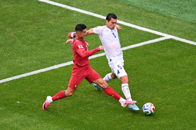 (L-R) Cristiano Ronaldo (POR), Rustam Ashurmatov (UZB), JUNE 23, 2026 - Football Soccer : FIFA World Cup, WM, Weltmeisterschaft, Fussball 2026 Group K match between Portugal 5-0 Uzbekistan at Houston Stadium in Houston, Texas, USA.  aflo_335543145 KenjiroxMatsuox