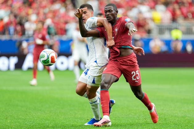 Bekhruz Karimov of Uzbekistan (L) and Nuno Mendes of Portugal (R) fight for possession during a FIFA Men’s World Cup 2026 Group Stage football match between Portugal and Uzbekistan at Houston Stadium, in Houston on June 23th 2026 (Photo by LVDIDI SPP)  Copyright: xLVDIDI SPPx Sportspressphoto_SPR174415