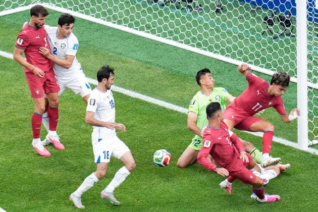Cristiano Ronaldo of Portugal and Abduvohid Nematov of Uzbekistan fight for possession during a FIFA Men’s World Cup 2026 Group Stage football match between Portugal and Uzbekistan at Houston Stadium, in Houston on June 23th 2026 (Photo by Leo Barrilari SPP)  Copyright: xLeoxBarrilari SPPx Sportspressphoto_SPR174454