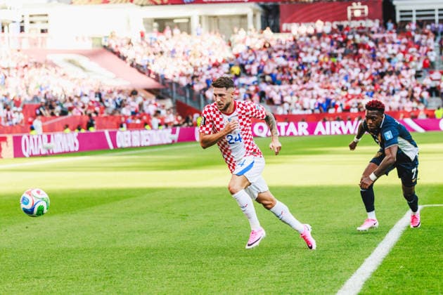 TORONTO, ON - JUNE 23: Forward Marco Pasalic (24) of Croatia and midfielder Jose Luis Rodriguez (7) of Panama are seen during the first half of the FIFA World Cup, WM, Weltmeisterschaft, Fussball 2026 Group L match between Panama and Croatia on June 23, 2026, at Toronto Stadium in Toronto, ON. (Photo by Mathew Tsang Icon Sportswire) SOCCER: JUN 23 FIFA World Cup 26 Group L - Panama vs Croatia EDITORIAL USE ONLY Icon260623011