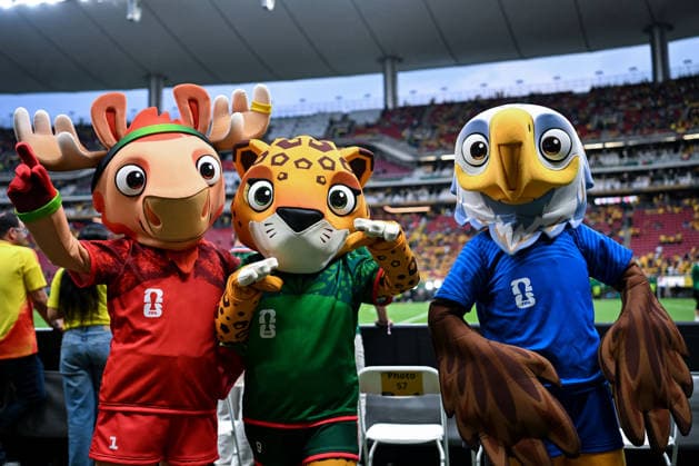 Mascots of the World Cup, Maple the Moose (L), Zayu the Jaguar (C) and Clutch the Bald Eagle are seen on the pitch prior to FIFA Men’s World Cup 2026 Group Stage football match between Colombia and Congo DR at Guadalajara Stadium, in Guadalajara on June 23th 2026 (Photo by Nayra Halm SPP)  Copyright: xNayraxHalm SPPx Sportspressphoto_SPR174984