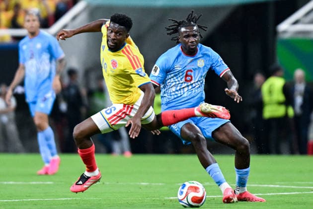Jefferson Lerma of Colombia (L) and Ngal ayel Mukau of Congo DR (R) fight for possession during a FIFA Men’s World Cup 2026 Group Stage football match between Colombia and Congo DR at Guadalajara Stadium, in Guadalajara on June 23th 2026 (Photo by Nayra Halm SPP)  Copyright: xNayraxHalm SPPx Sportspressphoto_SPR175003