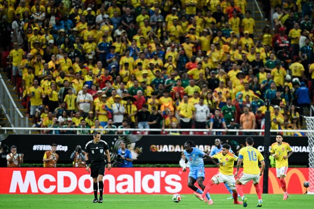 Ngal ayel Mukau of Congo DR (C) runs with the ball under pressure from Gustavo Puerta of Colombia (R) during a FIFA Men’s World Cup 2026 Group Stage football match between Colombia and Congo DR at Guadalajara Stadium, in Guadalajara on June 23th 2026 (Photo by Nayra Halm SPP)  Copyright: xNayraxHalm SPPx Sportspressphoto_SPR175005