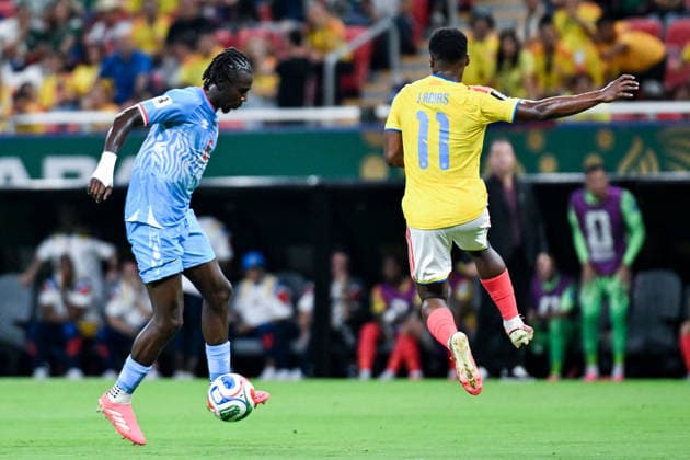 Ngal ayel Mukau of Congo DR (L) controls the ball under pressure from Jhon Arias of Colombia (R) during a FIFA Men’s World Cup 2026 Group Stage football match between Colombia and Congo DR at Guadalajara Stadium, in Guadalajara on June 23th 2026 (Photo by Nayra Halm SPP)  Copyright: xNayraxHalm SPPx Sportspressphoto_SPR175016