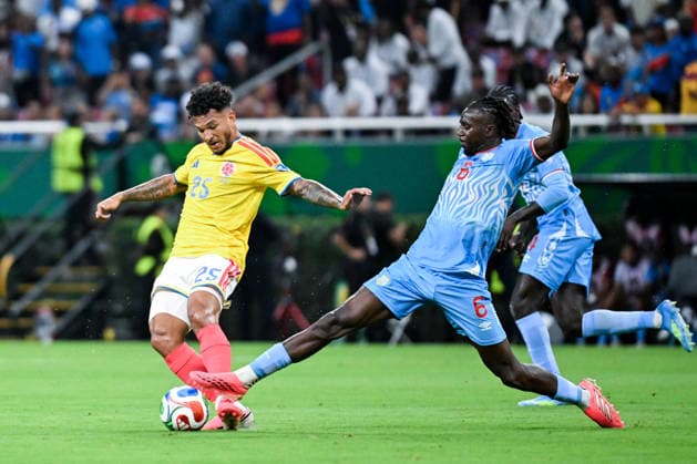 Luis Suarez of Colombia (L) passes the ball under pressure from Ngal ayel Mukau of Congo DR (R) during a FIFA Men’s World Cup 2026 Group Stage football match between Colombia and Congo DR at Guadalajara Stadium, in Guadalajara on June 23th 2026 (Photo by Nayra Halm SPP)  Copyright: xNayraxHalm SPPx Sportspressphoto_SPR175017