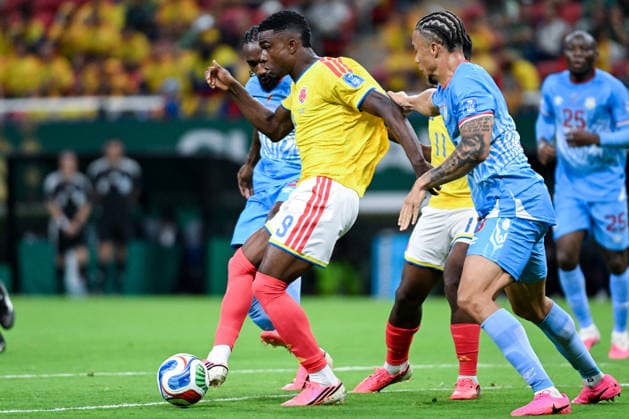 Jhon Cordoba of Colombia (L) passes the ball during a FIFA Men’s World Cup 2026 Group Stage football match between Colombia and Congo DR at Guadalajara Stadium, in Guadalajara on June 23th 2026 (Photo by Nayra Halm SPP)  Copyright: xNayraxHalm SPPx Sportspressphoto_SPR175040