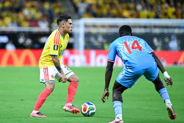 Juan Quintero of Colombia (L) controls the ball under pressure from Noah Sadiki of Congo DR (R) during a FIFA Men’s World Cup 2026 Group Stage football match between Colombia and Congo DR at Guadalajara Stadium, in Guadalajara on June 23th 2026 (Photo by Nayra Halm SPP)  Copyright: xNayraxHalm SPPx Sportspressphoto_SPR175051