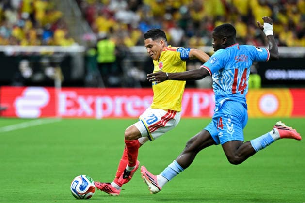 Juan Quintero of Colombia (L) and Noah Sadiki of Congo DR (R) fight for possession during a FIFA Men’s World Cup 2026 Group Stage football match between Colombia and Congo DR at Guadalajara Stadium, in Guadalajara on June 23th 2026 (Photo by Nayra Halm SPP)  Copyright: xNayraxHalm SPPx Sportspressphoto_SPR175053