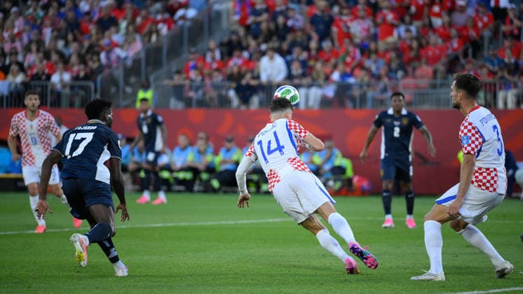 June 23, 2026, Toronto, Ontario, Canada: Borna Sosa 14) of Croatia heads the ball away from danger during the 2026 FIFA World Cup, WM, Weltmeisterschaft, Fussball game between Panama and Croatia at Toronto Stadium. Croatia won the match 1-0. Sports News - June 23, 2026  - ZUMAv136 20260623_zsp_v136_059 Copyright: xJeffxVoganx