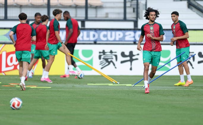 (260624) -- KENNESAW, June 24, 2026 -- Ayyoub Bouaddi (2nd R) of Morocco attends a training session at the FIFA World Cup, WM, Weltmeisterschaft, Fussball 2026 in Kennesaw, the United States, on June 23, 2026. ) (SP)U.S.-KENNESAW-FIFA WORLD CUP-TRAINING-MOROCCO WangxKaiyan 