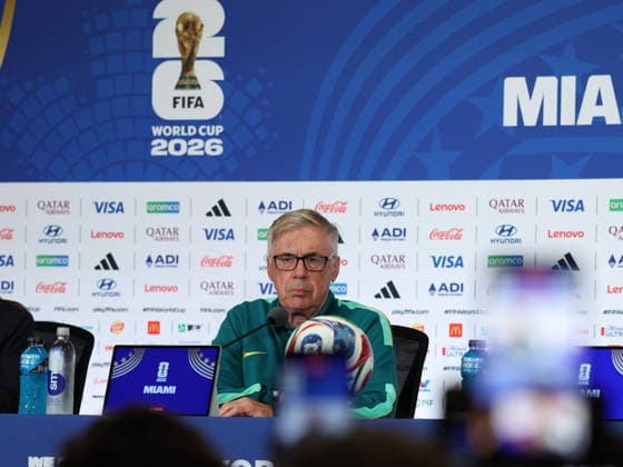(260624) -- MIAMI, June 24, 2026 -- Carlo Ancelotti, head coach of Team Brazil, attends a press conference, PK, Pressekonferenz at the FIFA World Cup, WM, Weltmeisterschaft, Fussball 2026 in Miami, the United States, on June 23, 2026. ) (SP)U.S.-MIAMI-FOOTBALL-FIFA WORLD CUP-PRESS CONFERENCE-BRAZIL XuxZijian 