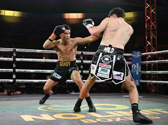 BOXING PARO CROCKER, Riley Candy (left) punches Brayden Rawlins (right) during their Super middleweight fight at Pat Rafter Arena in Brisbane, Wednesday, June 24, 2026. ( NO ARCHIVING, EDITORIAL USE ONLY BRISBANE QUEENSLAND AUSTRALIA  Copyright: xDARRENxENGLANDx 20260624193049127570