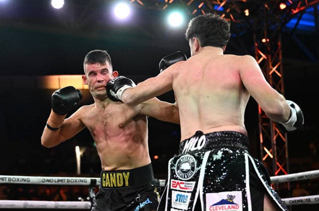 BOXING PARO CROCKER, Riley Candy (left) in action against Brayden Rawlins (right) during their Super middleweight fight at Pat Rafter Arena in Brisbane, Wednesday, June 24, 2026. ( NO ARCHIVING, EDITORIAL USE ONLY BRISBANE QUEENSLAND AUSTRALIA  Copyright: xDARRENxENGLANDx 20260624134089023911