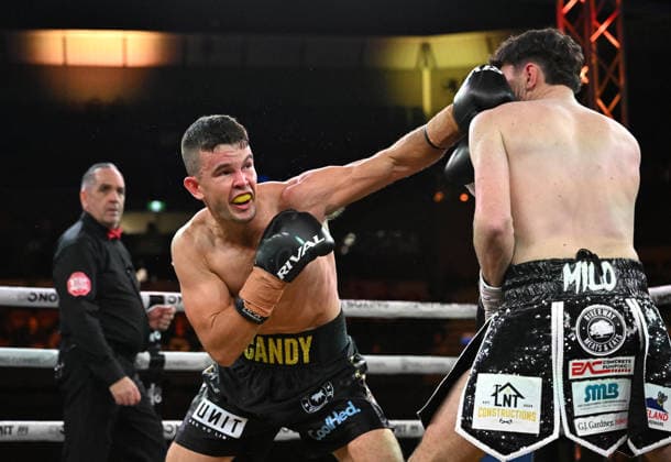 BOXING PARO CROCKER, Riley Candy (left) in action against Brayden Rawlins (right) during their Super middleweight fight at Pat Rafter Arena in Brisbane, Wednesday, June 24, 2026. ( NO ARCHIVING, EDITORIAL USE ONLY BRISBANE QUEENSLAND AUSTRALIA  Copyright: xDARRENxENGLANDx 20260624171585040190