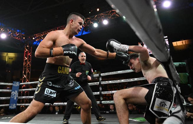 BOXING PARO CROCKER, Riley Candy (left) in action against Brayden Rawlins (right) during their Super middleweight fight at Pat Rafter Arena in Brisbane, Wednesday, June 24, 2026. ( NO ARCHIVING, EDITORIAL USE ONLY BRISBANE QUEENSLAND AUSTRALIA  Copyright: xDARRENxENGLANDx 20260624175685042366