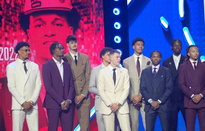 The 2026 NBA, Basketball Herren, USA Draft completed its first round NEW YORK, UNITED STATES - JUNE 23: The 2026 NBA Draft completed its first round on and BYU forward AJ Dybantsa, Kansas guard Darryn Peterson, Duke forward Cameron Boozer, and North Carolina Tar Heels forward Caleb Wilson were viewed as the top four players in the 2026 NBA Draft at Barclays Center in Brooklyn, New York City, U.S., on June 23, 2026. Selcuk Acar Anadolu New York United States. Editorial use only. Please get in touch for any other usage.  Copyright: x2026xAnadoluxSelcukxAcarx