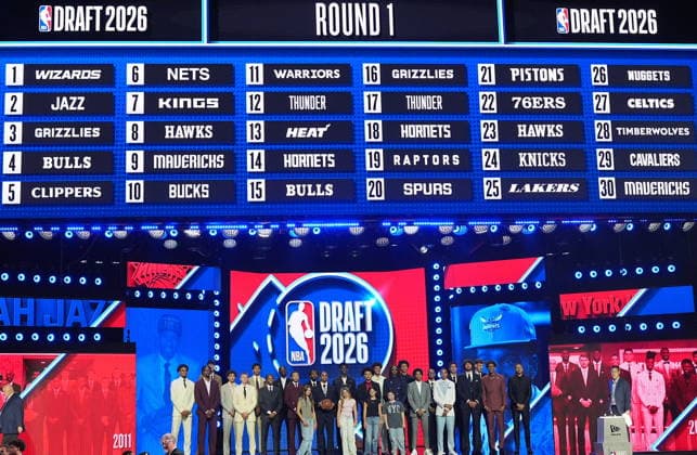 The 2026 NBA, Basketball Herren, USA Draft completed its first round NEW YORK, UNITED STATES - JUNE 23: The 2026 NBA Draft completed its first round and BYU forward AJ Dybantsa, Kansas guard Darryn Peterson, Duke forward Cameron Boozer, and North Carolina Tar Heels forward Caleb Wilson were viewed as the top four players in the 2026 NBA Draft at Barclays Center in Brooklyn, New York City, U.S., on June 23, 2026. Selcuk Acar Anadolu New York United States. Editorial use only. Please get in touch for any other usage.  Copyright: x2026xAnadoluxSelcukxAcarx