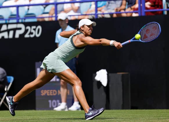RECORD DATE NOT STATED 24th June 2026; Devonshire Park Lawn Tennis Club, Eastbourne, East Sussex, England; Lexus Eastbourne Open Tennis, Day Four; Madison Keys (USA) plays a backhand shot against Jessica Bouzas Maneiro (ESP) HongboxChen