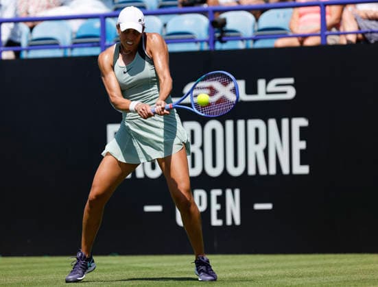 RECORD DATE NOT STATED 24th June 2026; Devonshire Park Lawn Tennis Club, Eastbourne, East Sussex, England; Lexus Eastbourne Open Tennis, Day Four; Madison Keys (USA) plays a backhand shot against Jessica Bouzas Maneiro (ESP) HongboxChen