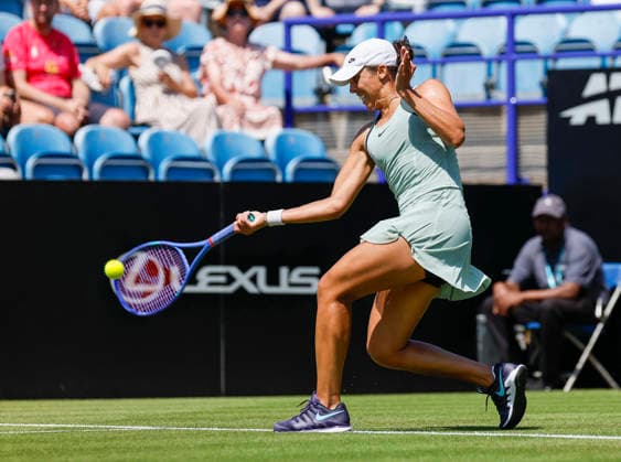 RECORD DATE NOT STATED 24th June 2026; Devonshire Park Lawn Tennis Club, Eastbourne, East Sussex, England; Lexus Eastbourne Open Tennis, Day Four; Madison Keys (USA) plays a forehand shot against Jessica Bouzas Maneiro (ESP) HongboxChen