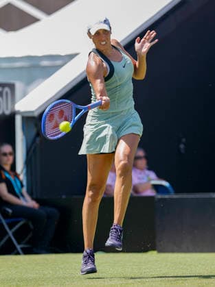RECORD DATE NOT STATED 24th June 2026; Devonshire Park Lawn Tennis Club, Eastbourne, East Sussex, England; Lexus Eastbourne Open Tennis, Day Four; Madison Keys (USA) plays a forehand shot against Jessica Bouzas Maneiro (ESP) HongboxChen