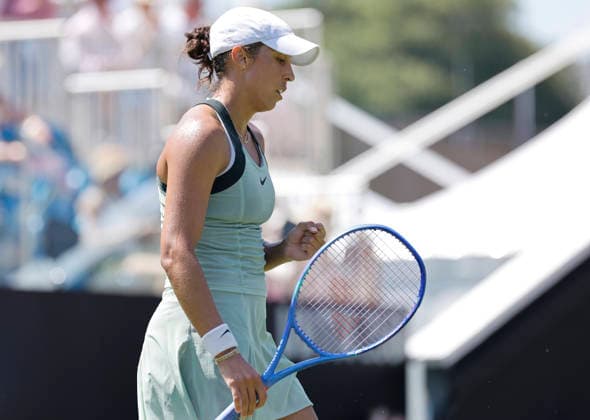 RECORD DATE NOT STATED 24th June 2026; Devonshire Park Lawn Tennis Club, Eastbourne, East Sussex, England; Lexus Eastbourne Open Tennis, Day Four; Madison Keys (USA) celebrates after defeating Jessica Bouzas Maneiro (ESP) HongboxChen