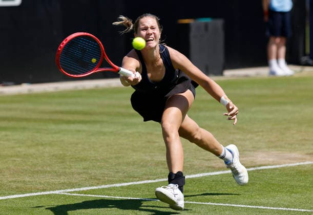 RECORD DATE NOT STATED 24th June 2026; Devonshire Park Lawn Tennis Club, Eastbourne, East Sussex, England; Lexus Eastbourne Open Tennis, Day Four; Anastasia Zakharova plays a forehand shot against Tatjana Maria (GER) HongboxChen
