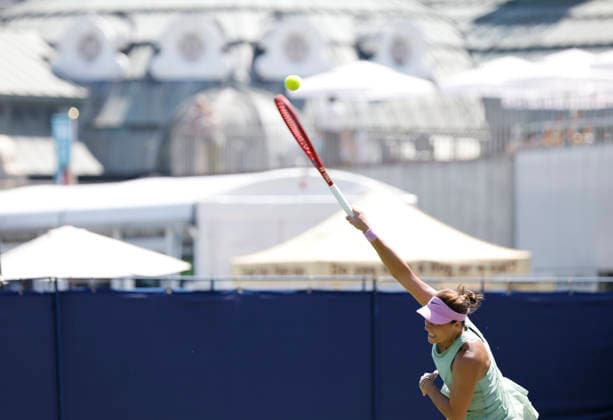 RECORD DATE NOT STATED 24th June 2026; Devonshire Park Lawn Tennis Club, Eastbourne, East Sussex, England; Lexus Eastbourne Open Tennis, Day Four; Tatjana Maria (GER) serves to Anastasia Zakharova HongboxChen