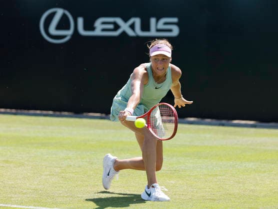 RECORD DATE NOT STATED 24th June 2026; Devonshire Park Lawn Tennis Club, Eastbourne, East Sussex, England; Lexus Eastbourne Open Tennis, Day Four; Tatjana Maria (GER) plays a backhand shot against Anastasia Zakharova HongboxChen