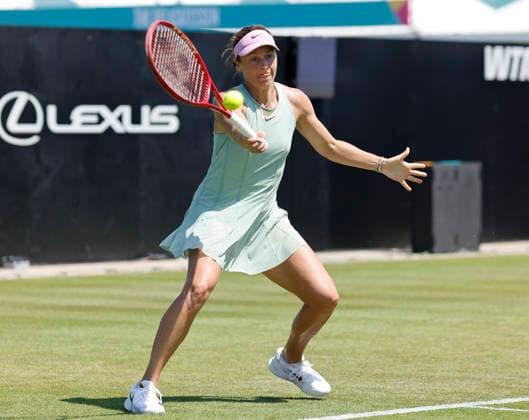 RECORD DATE NOT STATED 24th June 2026; Devonshire Park Lawn Tennis Club, Eastbourne, East Sussex, England; Lexus Eastbourne Open Tennis, Day Four; Tatjana Maria (GER) plays a forehand shot against Anastasia Zakharova HongboxChen
