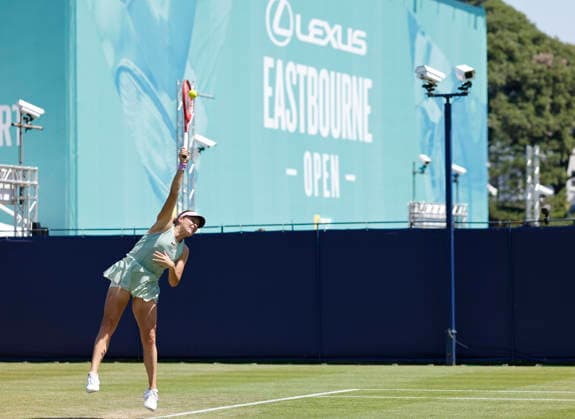 RECORD DATE NOT STATED 24th June 2026; Devonshire Park Lawn Tennis Club, Eastbourne, East Sussex, England; Lexus Eastbourne Open Tennis, Day Four; Tatjana Maria (GER) serves to Anastasia Zakharova HongboxChen