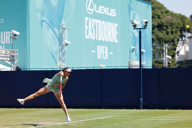 RECORD DATE NOT STATED 24th June 2026; Devonshire Park Lawn Tennis Club, Eastbourne, East Sussex, England; Lexus Eastbourne Open Tennis, Day Four; Tatjana Maria (GER) serves to Anastasia Zakharova HongboxChen
