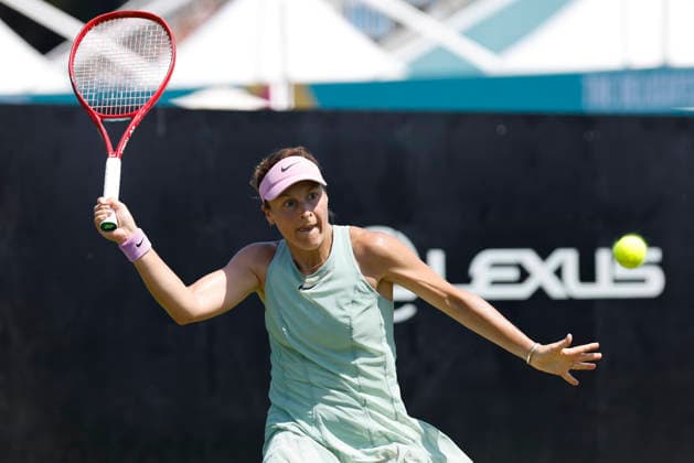 RECORD DATE NOT STATED 24th June 2026; Devonshire Park Lawn Tennis Club, Eastbourne, East Sussex, England; Lexus Eastbourne Open Tennis, Day Four; Tatjana Maria (GER) plays a forehand shot against Anastasia Zakharova HongboxChen