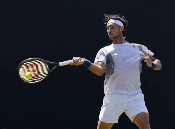 RECORD DATE NOT STATED 24th June 2026; Devonshire Park Lawn Tennis Club, Eastbourne, East Sussex, England; Lexus Eastbourne Open Tennis, Day Four; Thiago Agustin Tirante (ARG) plays a forehand shot against Toby Samuel (GBR) HongboxChen
