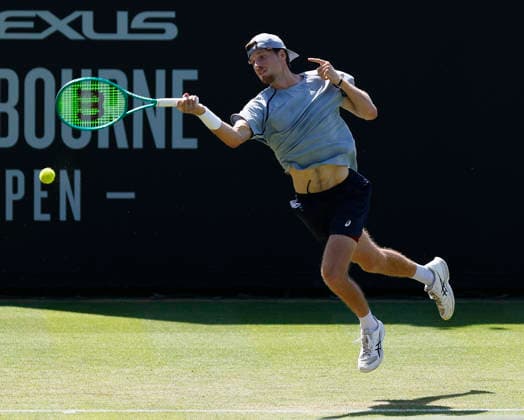 RECORD DATE NOT STATED 24th June 2026; Devonshire Park Lawn Tennis Club, Eastbourne, East Sussex, England; Lexus Eastbourne Open Tennis, Day Four; Toby Samuel (GBR) plays a forehand shot against Thiago Agustin Tirante (ARG) HongboxChen