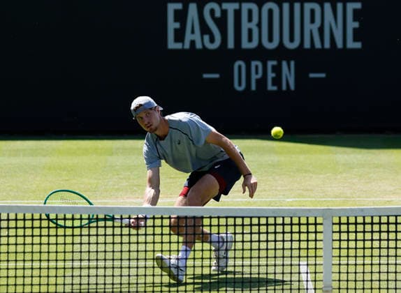 RECORD DATE NOT STATED 24th June 2026; Devonshire Park Lawn Tennis Club, Eastbourne, East Sussex, England; Lexus Eastbourne Open Tennis, Day Four; Toby Samuel (GBR) plays a forehand shot against Thiago Agustin Tirante (ARG) HongboxChen