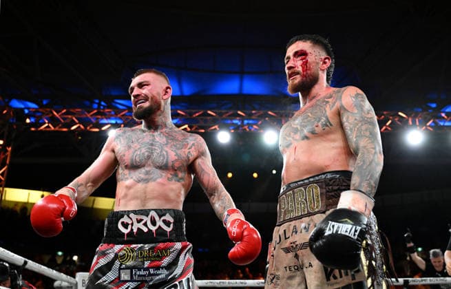 BOXING PARO CROCKER, Lewis Crocker (left) of Northern Ireland and Liam Paro (right) of Australia are seen together at the end of the fight during the IBF Welterweight World Title fight at Pat Rafter Arena in Brisbane, Wednesday, June 24, 2026. ( NO ARCHIVING, EDITORIAL USE ONLY BRISBANE QUEENSLAND AUSTRALIA  Copyright: xDARRENxENGLANDx 20260625148718812200