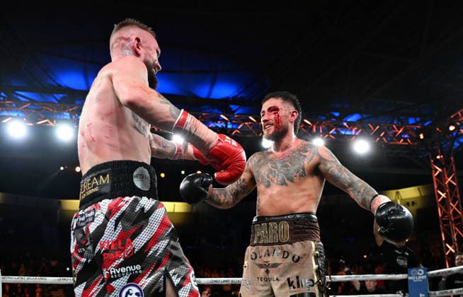 BOXING PARO CROCKER, Lewis Crocker (left) of Northern Ireland and Liam Paro (right) of Australia are seen together at the end of the fight during the IBF Welterweight World Title fight at Pat Rafter Arena in Brisbane, Wednesday, June 24, 2026. ( NO ARCHIVING, EDITORIAL USE ONLY BRISBANE QUEENSLAND AUSTRALIA  Copyright: xDARRENxENGLANDx 20260625182466677114