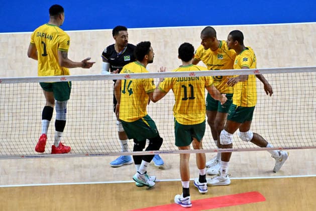 LJUBLJANA, SLOVENIA - JUNE 24: Team Brazil cebrate point during the FIVB Men s Volleyball Nations League match between Ukraine and Brazil at Arena Stozice, Ljubljana on June 24, 2026 in Ljubljana, Slovenia. (Photo by Igor Kupljenik Sports Press Photo).  Copyright: xIgorxKupljenikx xSPPx Sportspressphoto_SPR175147