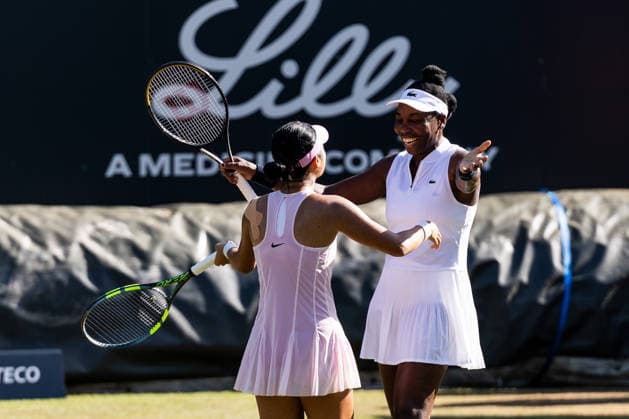 BAD HOMBURG, GERMANY - JUNE 24: Alexandra Eala (PHI) Venus Williams (USA) hug during the Bad Homburg Open powered by Solarwatt Doubles match between Catherine Harrison (USA) Alexandra Osborne (AUS) vs Alexandra Eala (PHI) Venus Williams (USA) at Kurpark Bad Homburg on June 24, 2026 in Bad Homburg, Germany. Hessen Germany Copyright: xSteffiexWunderlx
