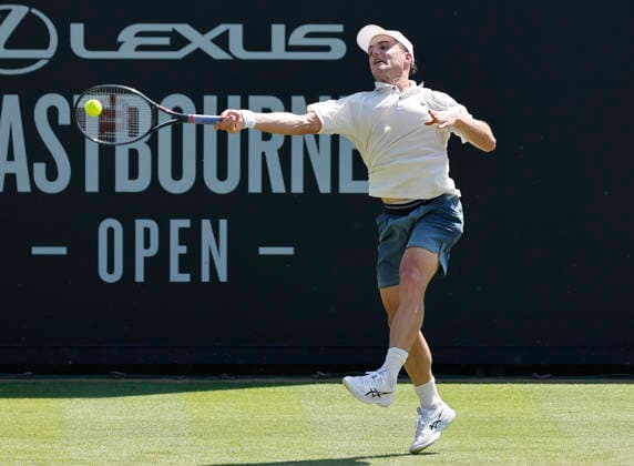 RECORD DATE NOT STATED 24th June 2026; Devonshire Park Lawn Tennis Club, Eastbourne, East Sussex, England; Lexus Eastbourne Open Tennis, Day Four; Arthur Fery (GBR) plays a forehand shot against Juan Manuel Cerundoli (ARG) HongboxChen