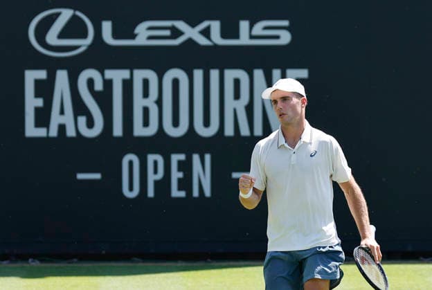 RECORD DATE NOT STATED 24th June 2026; Devonshire Park Lawn Tennis Club, Eastbourne, East Sussex, England; Lexus Eastbourne Open Tennis, Day Four; Arthur Fery (GBR) celebrates after winning a point in the match against Juan Manuel Cerundoli (ARG) HongboxChen