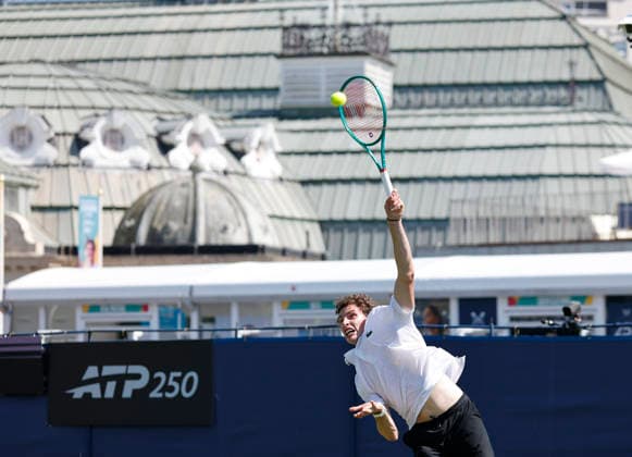 RECORD DATE NOT STATED 24th June 2026; Devonshire Park Lawn Tennis Club, Eastbourne, East Sussex, England; Lexus Eastbourne Open Tennis, Day Four; Ugo Humert (GBR) serves to Jenson Brooksby (USA) HongboxChen